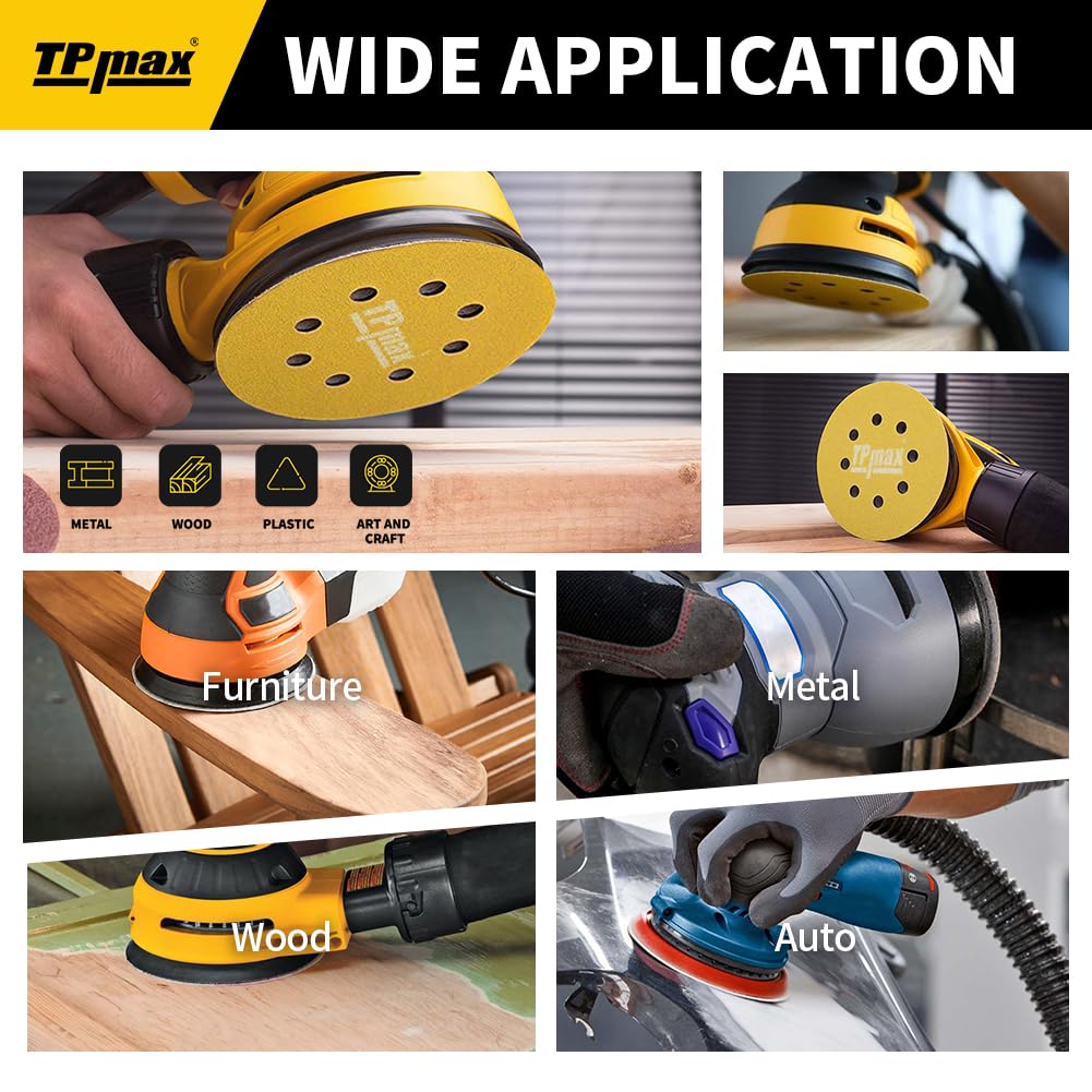 100PCS 5 Inch 400 Grit 125mm 8 Hole Sanding Discs Sandpaper - Premium Gold Round Hook and Loop for Random Orbital Sander - Ideal for Wood, Metal, Automotive
