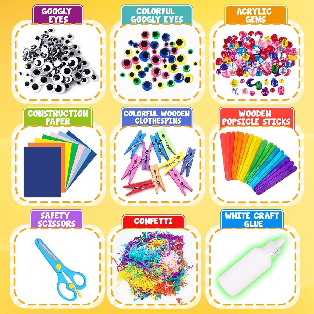 FUNZBO Arts and Crafts School Supplies for Kids -Kindergarten School Supplies Set with Glitter Glue Stick,Glue, Pipe Cleaners Craft and Kids' Scissor, Birthday Gifts for Girls Boys Age 4+