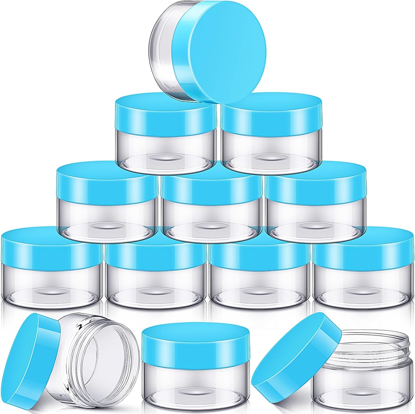 SATINIOR 12 Pack Plastic Container Jars with Lids Round Clear Travel Cosmetic Container Jars for Toiletries, Lotion, Cream, Ointments, Makeup, Rhinestone, Samples, Kitchen Storage(2 oz,Blue)