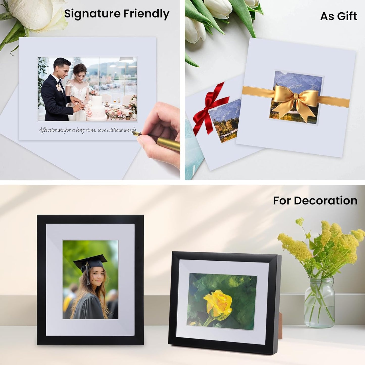 Falling in Art 5 Pack Acid Free 8x8'' White Picture Mats Board Show Kit for 4x4'' Photos, 4-Ply Beveled Pre-Cut Photo Mats with Backing Board for Frames, Artwork and Prints