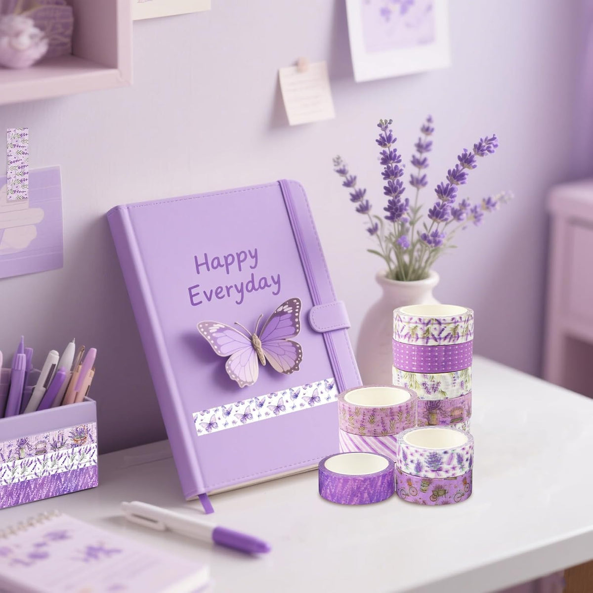 12 Rolls Lavender Washi Tape, Purple Floral Masking Tapes, Flower Butterfly Decorative Tape for Journals, Planners, Scrapbooking, Packaging, DIY Arts Crafts, Wrapping 16.4FT