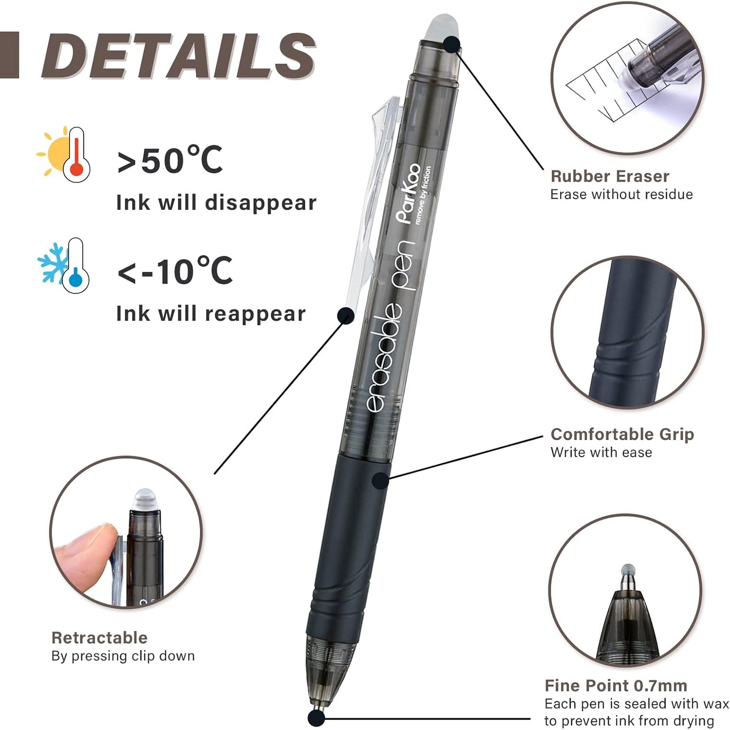 ParKoo Retractable Erasable Gel Pens Clicker Fine Point 0.7 mm, No Need for White Out, Black Ink for Completing Sudoku and Crossword Puzzles, 12-pack