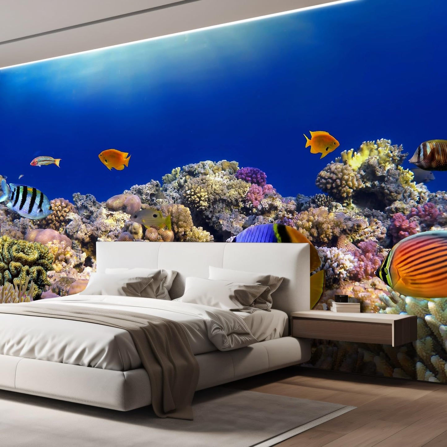 wall26 Wall Sticker/Wall Mural Tropical Blue Fish Coral Reef Ocean Seascape Nature Wilderness, Not Peel and Stick, Non-Woven Wallpaper Decorative for Bedroom, Living Room, Office - 100x144 inches