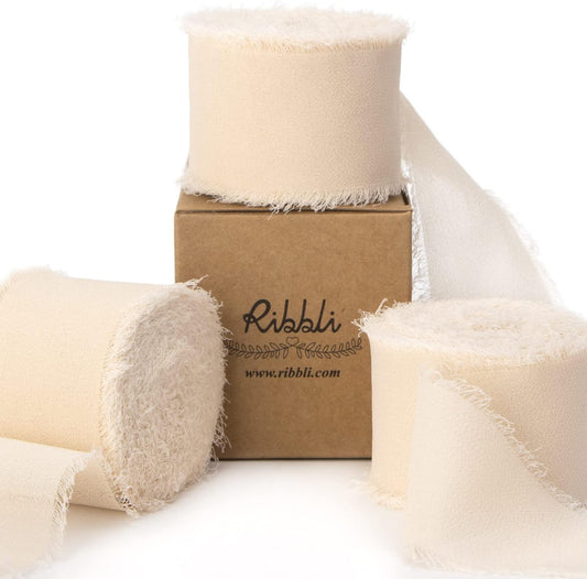 Ribbli Chiffon Ribbon - 1.5 inch x 30 Yard Champagne/Nude Silk, Handmade for Wedding Invitations, Gift Wrapping, Bridal Bouquets, Flower Arrangements