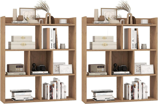 Giantex 7 Cubes Bookshelf, Free-Standing Wooden Bookcase, 4 Tier Home Display Shelf, Horizontal Storage Unit w/Anti-Toppling Devices, Open-Back Display Rack for Study, Living Room (2, Natural)