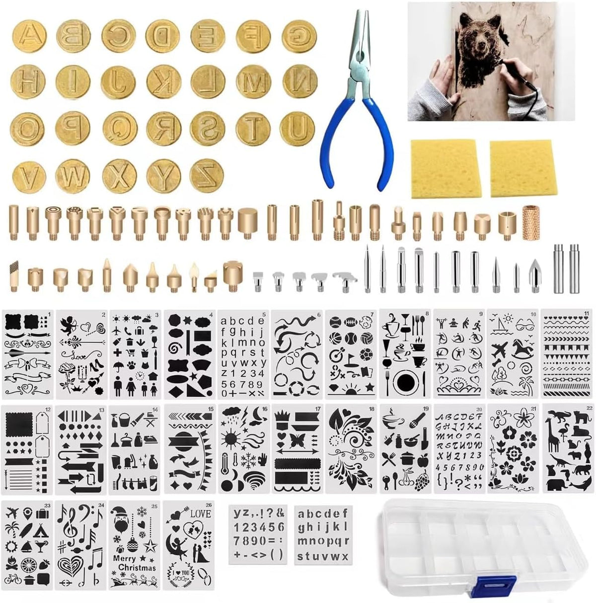 BEZALEL 112Pcs Wood Burning Tips - Pyrography Wood Burning Kit Includes Wood Burning Tips Only Wood Burning Letters Wood Burning Stencils and Patterns for Embossing Carving DIY Adults Crafts Beginners