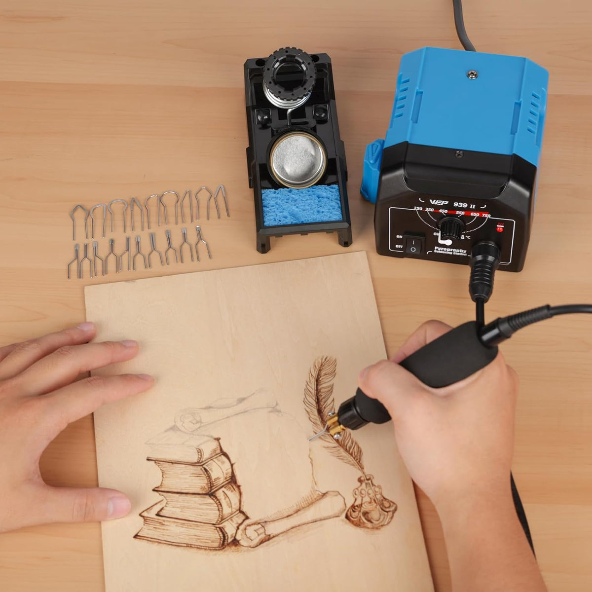 WEP 939-II Pyrography Station Wood Burning Kit 32-IN-1 with 20 Wood Burner Tips Comfort Pen with 2 Letter Number Stencils, 2 Unfinished Wood, 1 Pen Holder Woodburning Tools