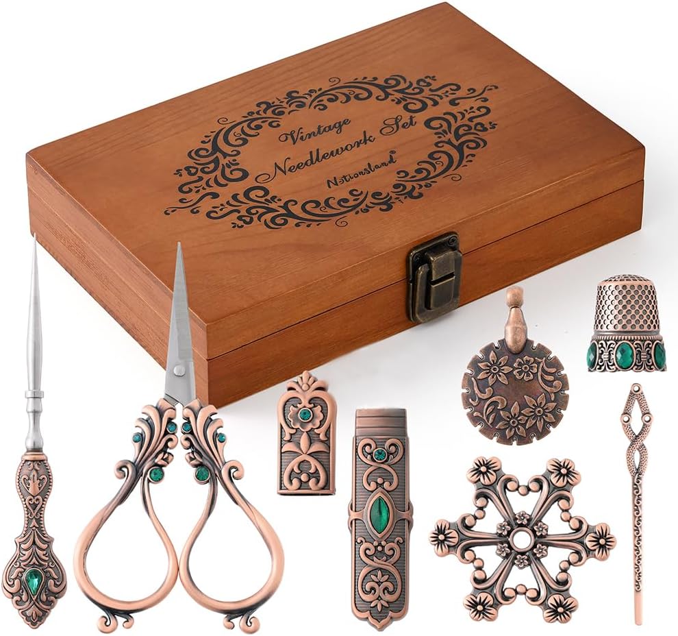 NOTIONSLAND Embroidery Scissor Set, Vintage Supplies, Needle Case, Sewing Awl, Thimble, Floss Board for Needlework, Copper