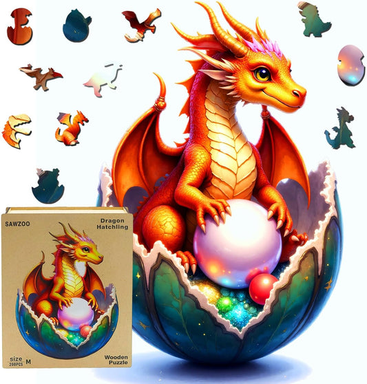 Wooden Jigsaw Puzzles for Adults and Kids, Dragon Hatchling 200 Piece Unique Shaped Puzzle, Family Game and Creative Wooden Puzzle Gift, Wall Art Decor
