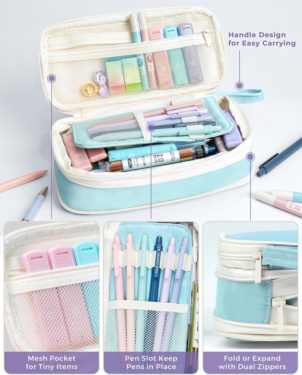 Four Candies 36PCS Aesthetic School Supplies, Mechanical Pencil Set 0.5mm, 0.7mm, 0.9mm & 2.0mm with 624 Lead Refills, Back to School Supplies for Writing & Drawing, Ideal Stationary Set Gift (Blue)