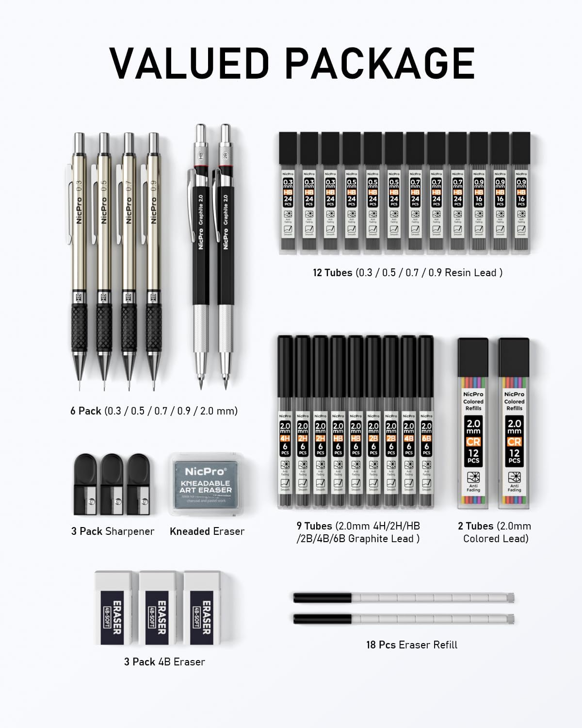 Nicpro 37PCS Art Mechanical Pencil Set, 4PCS Metal Drafting Pencil 0.3mm, 0.5 mm, 0.7 mm, 0.9 mm & 2PCS 2mm Lead Holder (6B 4B 2B HB 2H 4H Colors) For Sketching Drawing With 23 Tube Lead Refills Case