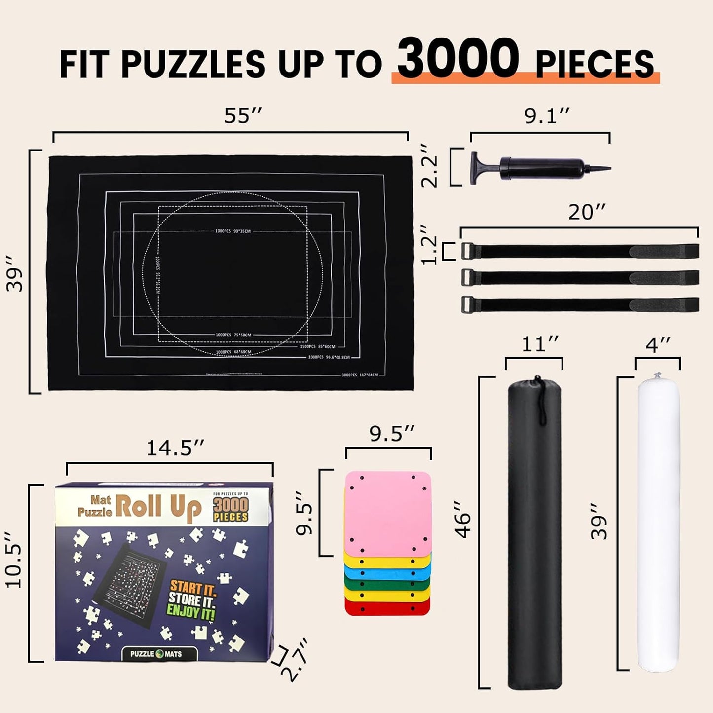 Jigsaw Puzzle Mat Roll Up - 3000 2000 1500 1000 Pieces Puzzel Matte, Black Felt Roll-Up Puzzles Felt Save Mats Trays for Sorting Board Clear Sheets and Frame Keeper for Adults