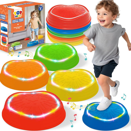 TOY Life 5 Pcs Light Up Musical Balance Stepping Stone for Kids, Indoor Outside Toys for Kids Ages 4-8, Toddler Outdoor Toys, Stepping Stones Game Sensory Balance Toy