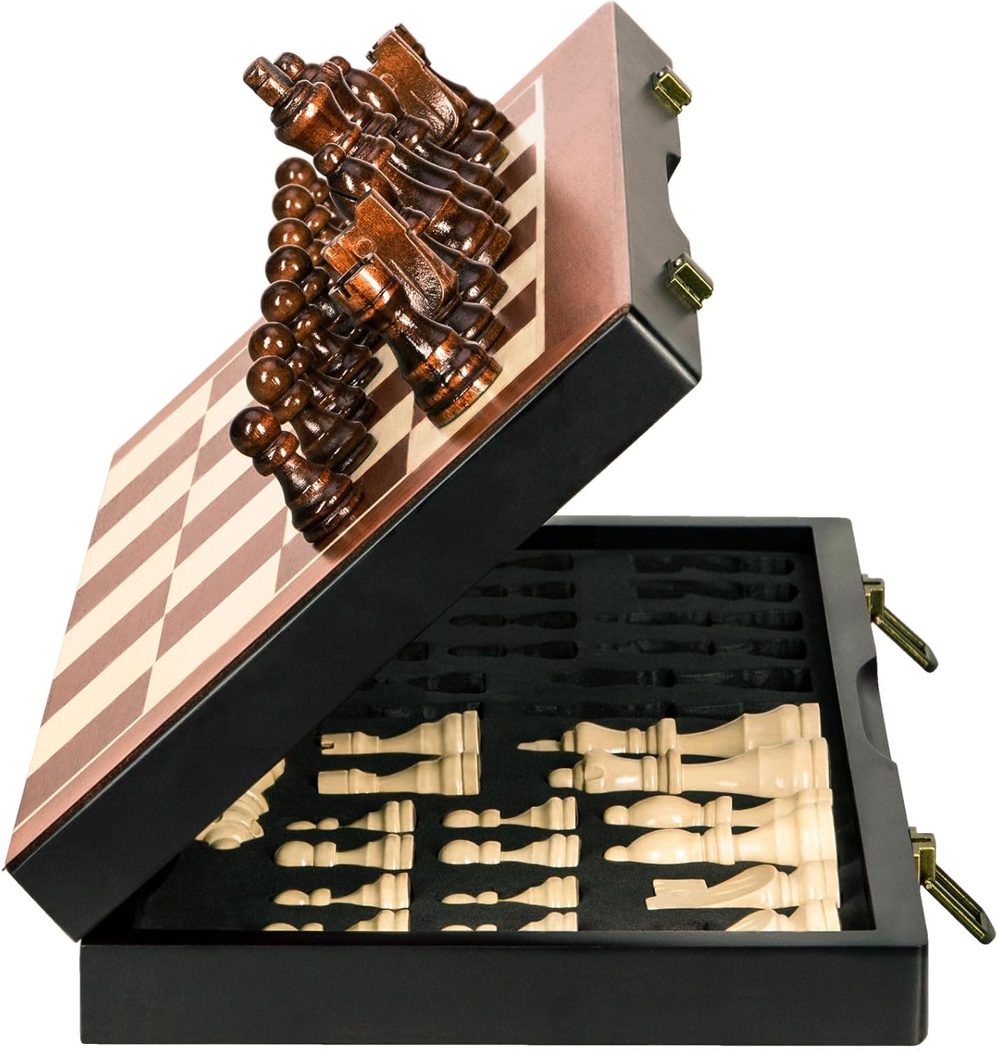 Magnetic Wooden Chess Set 15" Unique Chess Board Game with Chess Pieces Storage Slots, Tournament Portable Folding Travel Chess Sets for Kids Adults Beginner and Pros, 2 Extra Queens