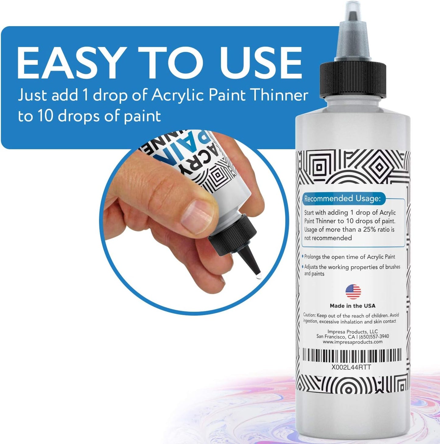 IMPRESA Acrylic Paint Thinner & Mixing Medium - 8 fl oz - Paint Thinner for Acrylic Painting – Slow-Drying Retarder & Flow Improver – Odorless, Water-Based, Non-Curdle Formula