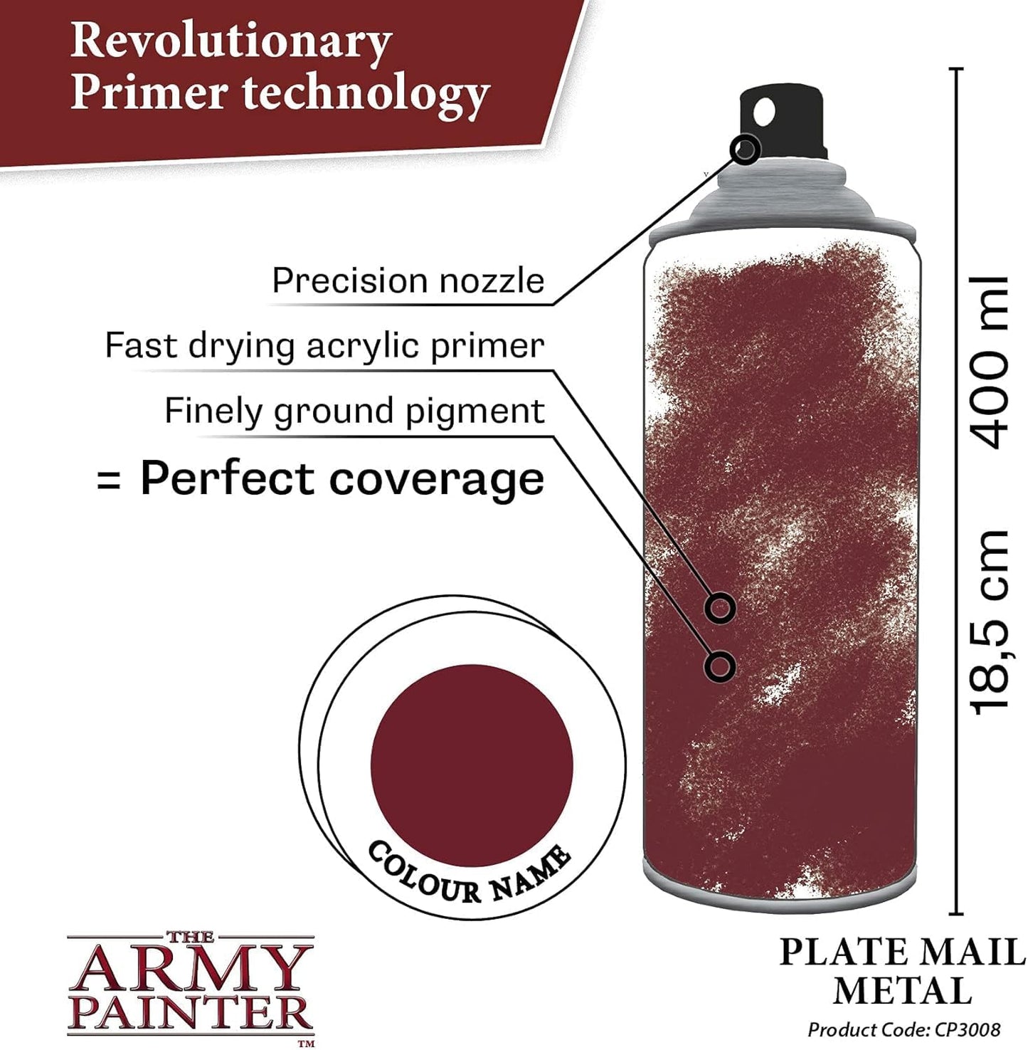 The Army Painter Colour Primer Plate Mail Metal, 400 mL Acrylic Spray Primer, Spray Paint Basecoat for Miniature Priming, Tabletop Roleplaying, Boardgames, and Wargames Miniature Modelling