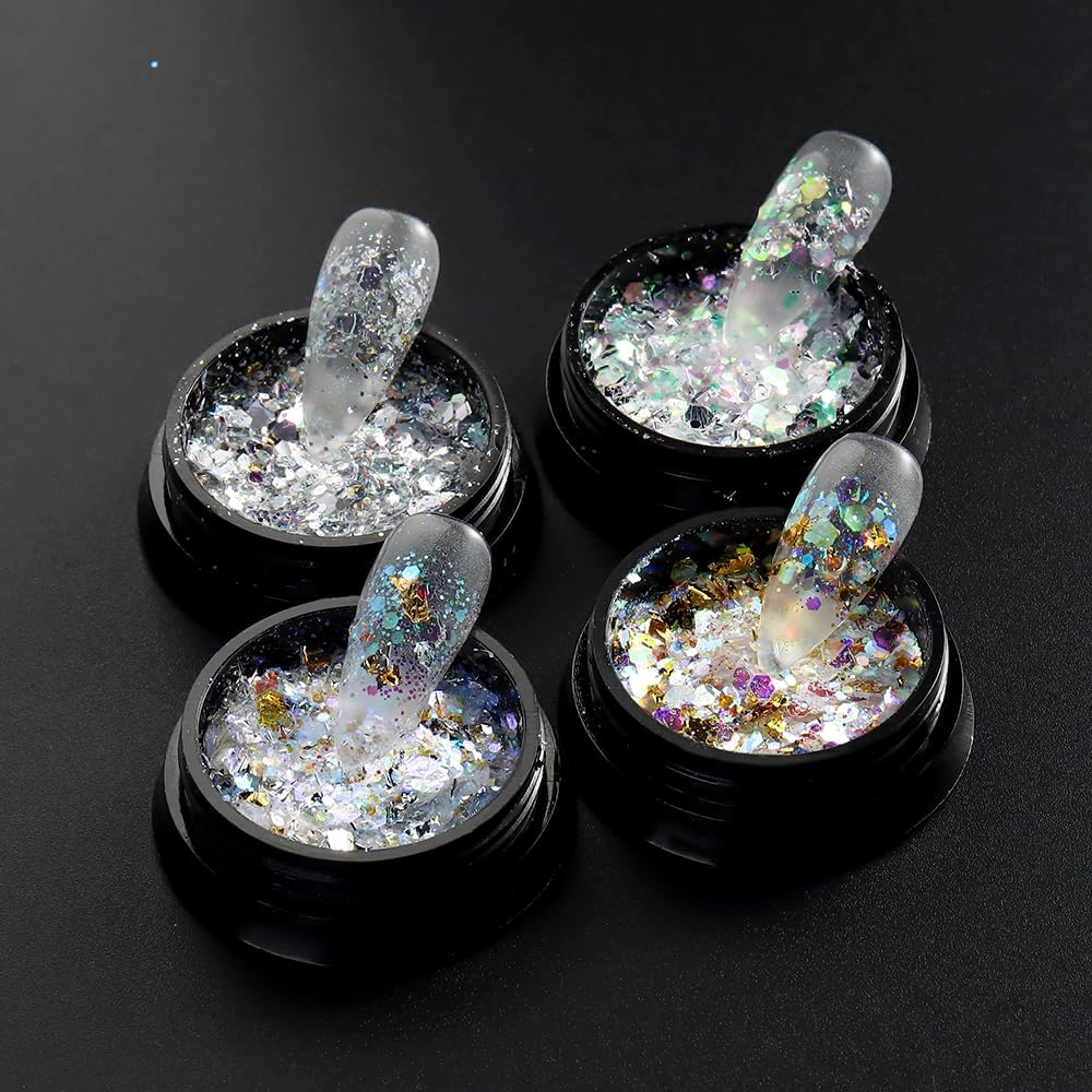 4 Boxes Chameleon Holographic Glitter Nail Art Sequins, Iridescent Mermaid Hexagon Flakes Sparkle Glitters Powder Dust Accessories for Women Manicure DIY Nail Art Decoration
