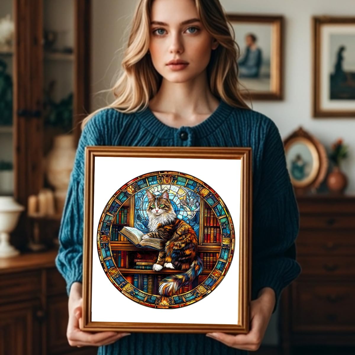 Wooden Puzzles Adults, Maine Cat Library Wooden Puzzles 100 Pieces, Unique Animal Shaped Wood Challenging Jigsaw Puzzles Gifts for Adults, 8.5x8.5in