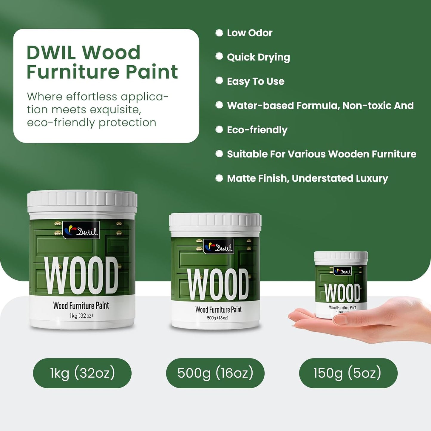 DWIL Matte Finish Furniture Paint - 5 Oz Wood Paint for Cabinets, Doors, Tables, and Dressers Refinishing - Water-Based, Non-Toxic & Odorless, Easy to Apply(Cardamom Green)-Trial Pack