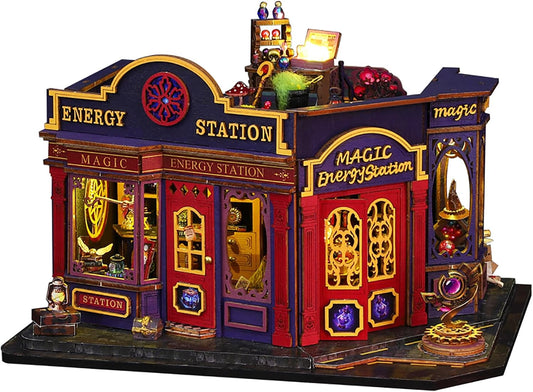 DIY Book Nook Kit - DIY Miniature Dolls House Kit with Furniture and LED Light, 3D Puzzle Wooden Art Bookends, Model Kits for Adults to Build (Magic Energy Station)