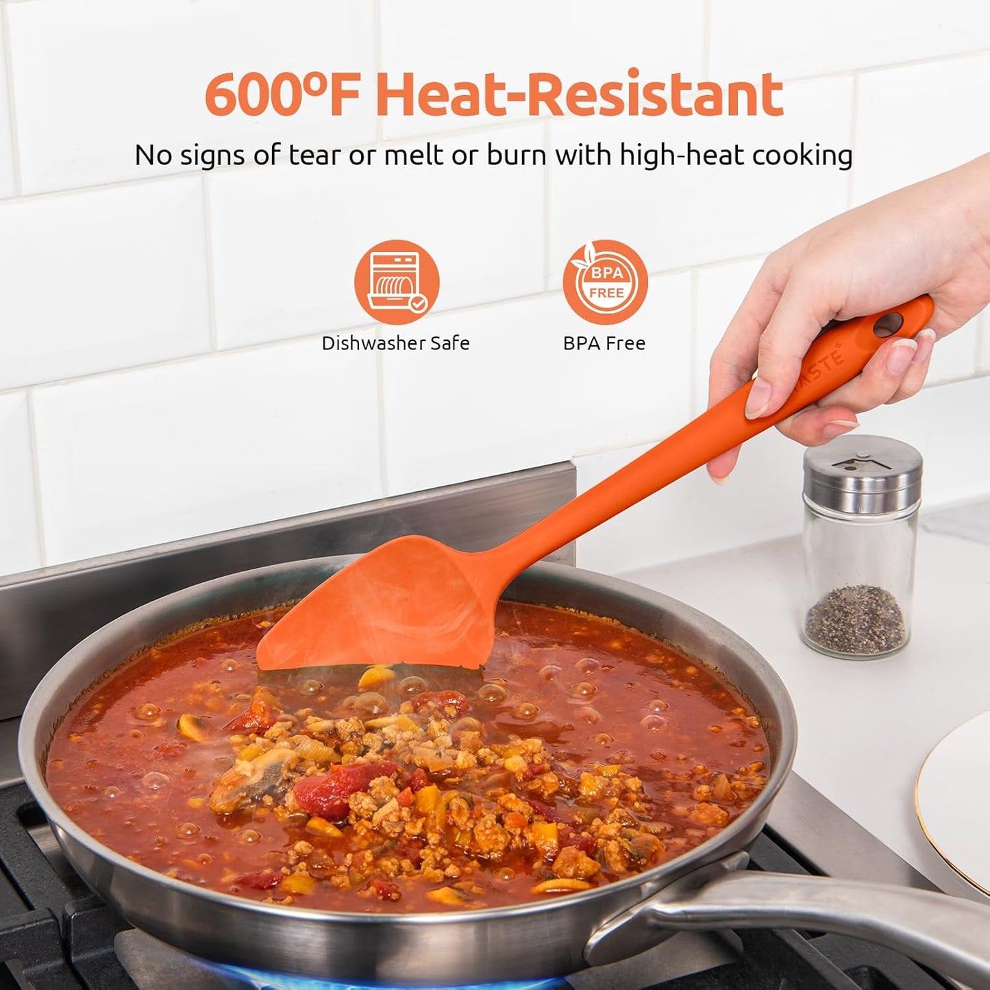 U-Taste Silicone Spatula Set: 600ºF High Heat Resistant, Seamless Food Grade Flexible Rubber Kitchen Cooking Mixing Baking Scraper for Nonstick Cookware Set of 3 (Orange)