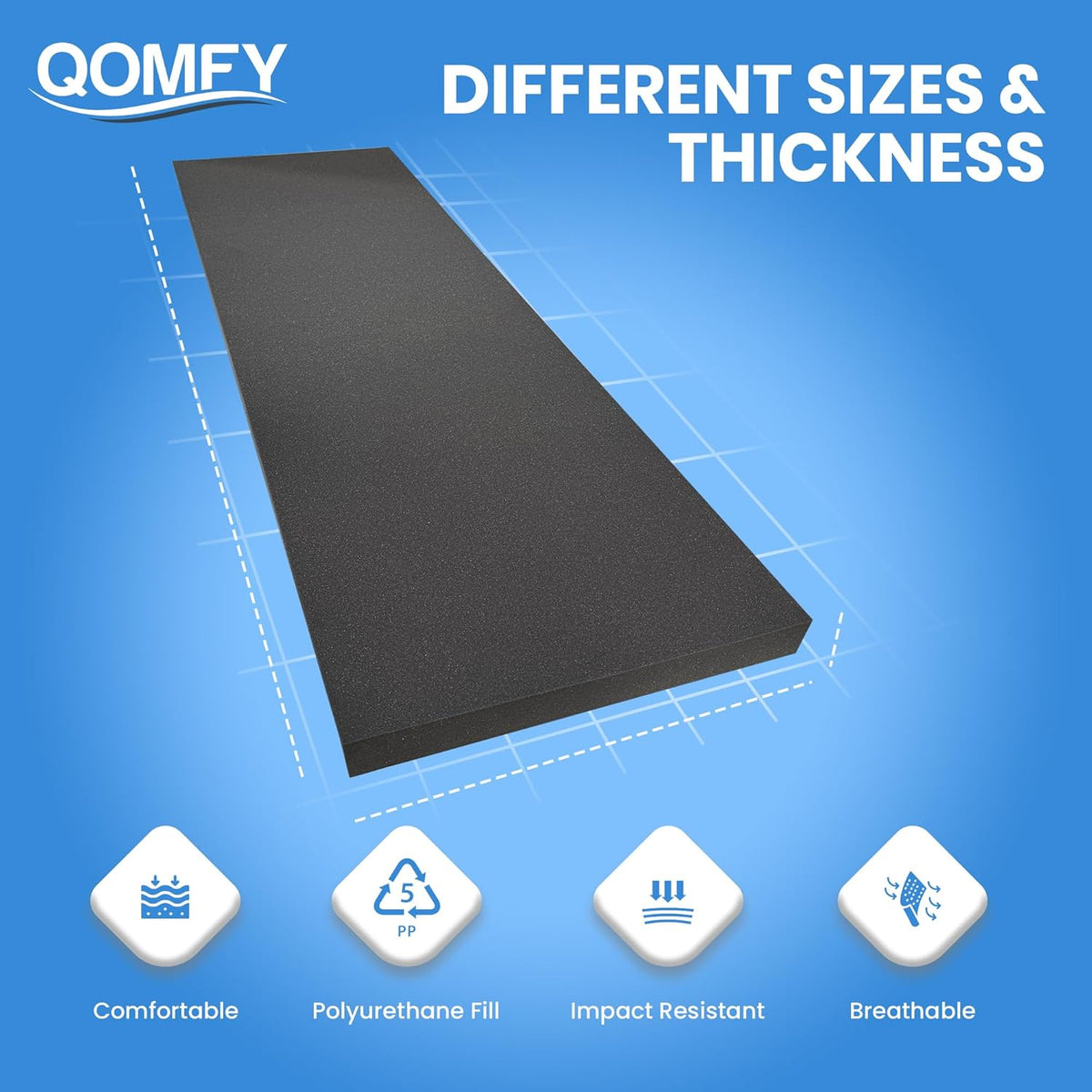 QOMFY 3" Height x 18" Width x 42" Length Charcoal Upholstery Foam Sheet | Made in USA | Multi-Purpose Foam for Upholstery, DIY, Packaging & Acoustic Projects