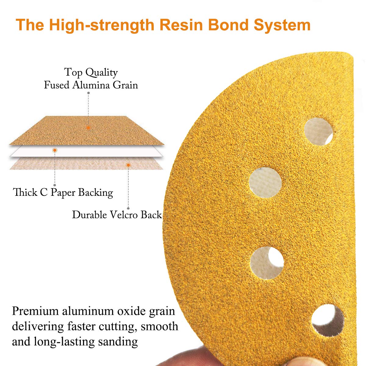 5-Inch 8-Hole Hook and Loop Sanding Discs 220-Grit Random Orbit Sandpaper, 50-Pack