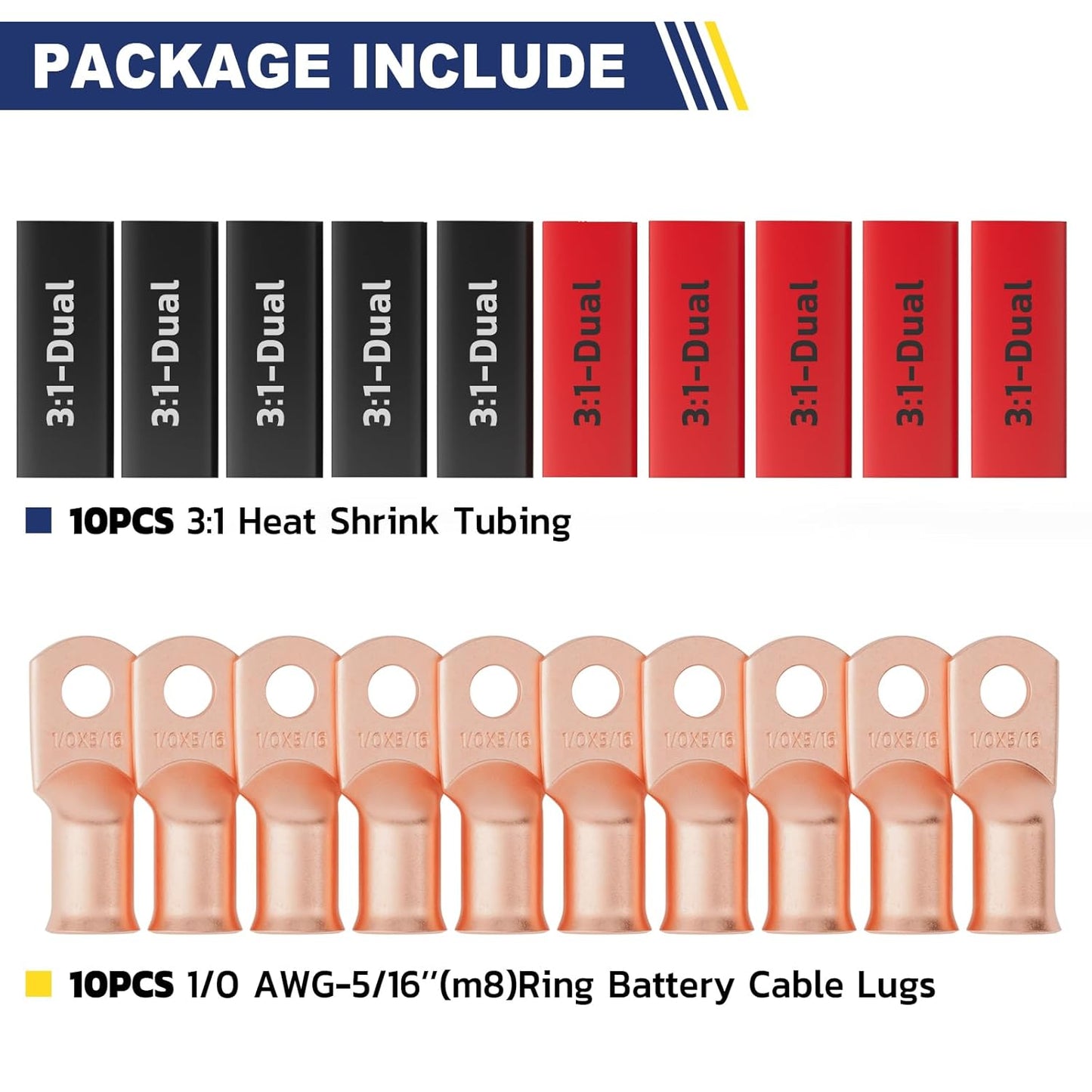 haisstronica 10pcs 1/0 AWG - 5/16"(M8) Battery Cable Lugs, Heavy Duty Copper Wire Lugs with 10pcs 3:1 Adhesive Heat Shrink Tubing, 0Gauge Wire Connectors Battery Terminal Connector, Battery Cable Ends