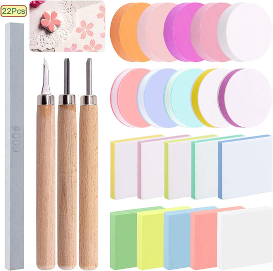 Keadic 24 Pieces Block Printing Starter Tool Kit, Rubber Stamps Making Set with Round & Square Rubber Carving Blocks, Linoleum Cutter Tools & Grindstone for Stamp Carving and Printmaking
