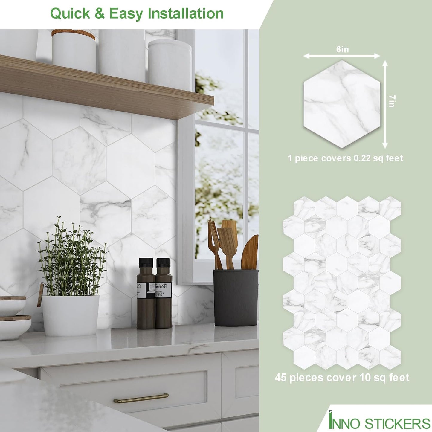 45-Sheet Hexagon Peel and Stick Backsplash, 6" x 7" White Calacatta Marble Looks Self Adhesive Wall Tile, Stone Composite Stick on Decorative Mosaic Tile for Kitchen Bathroom Fireplace