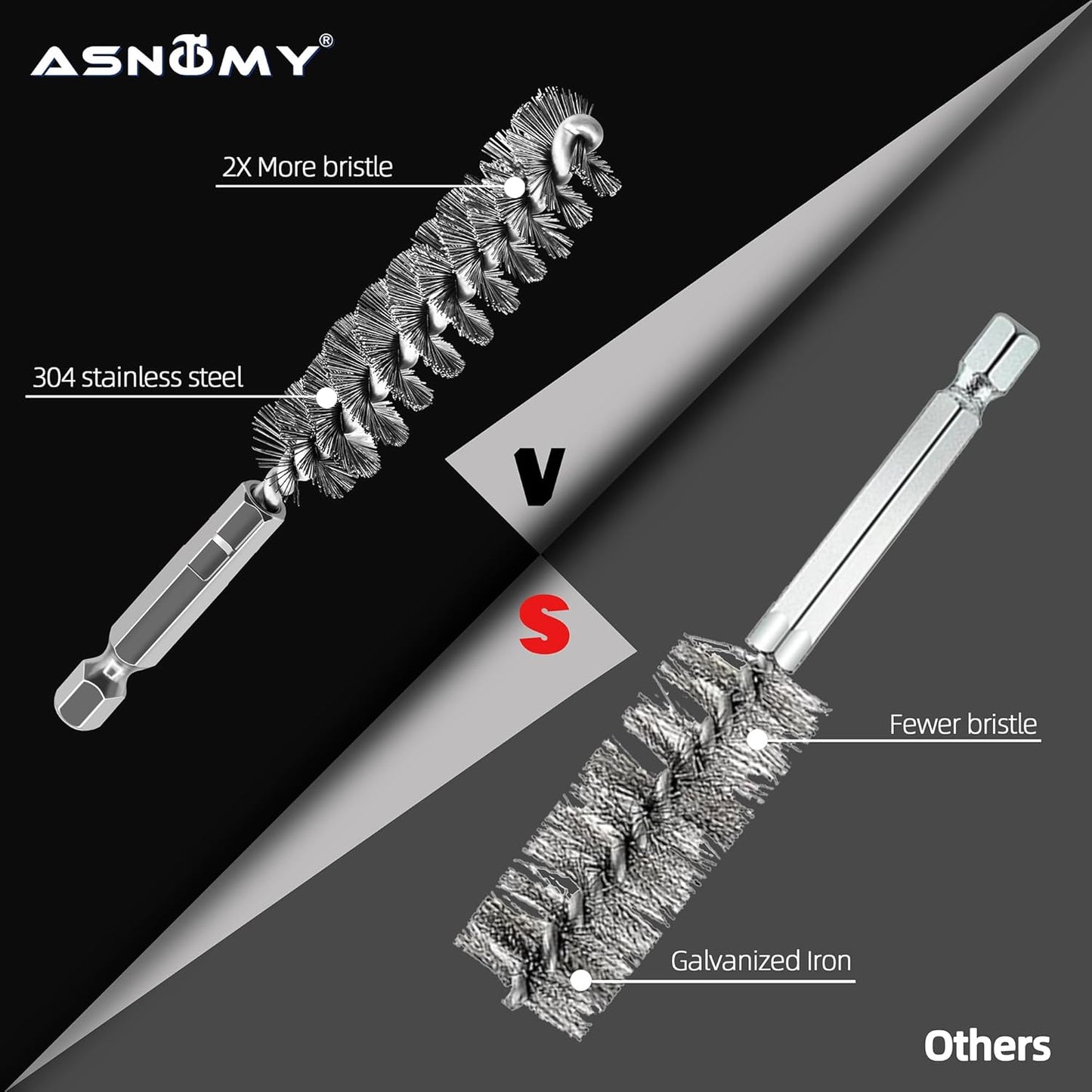 ASNOMY 8Pcs Wire Bore Brush for Drill,5/16"-3/4” Stainless Steel Copper Pipe Cleaner Set for Power Drill Cleaning,Abrasive Drill Wire Brush with 1/4" Hex Shank