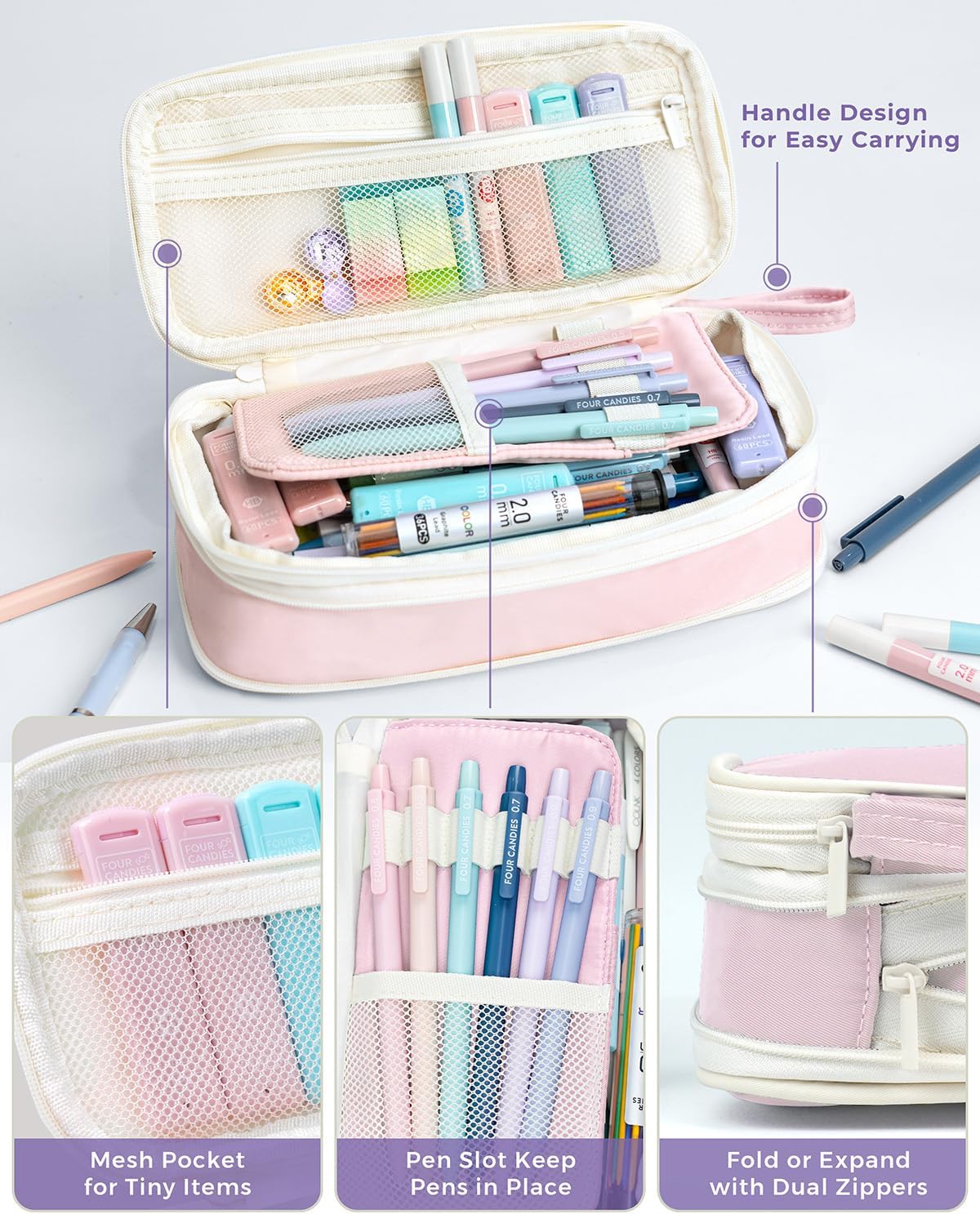 Four Candies 36PCS Aesthetic School Supplies, Mechanical Pencils 0.5mm, 0.7mm, 0.9mm & 2.0mm with 624PCS Lead Refills, Cute Mechanical Pencils for Writing, Drawing & Drafting (Pink)
