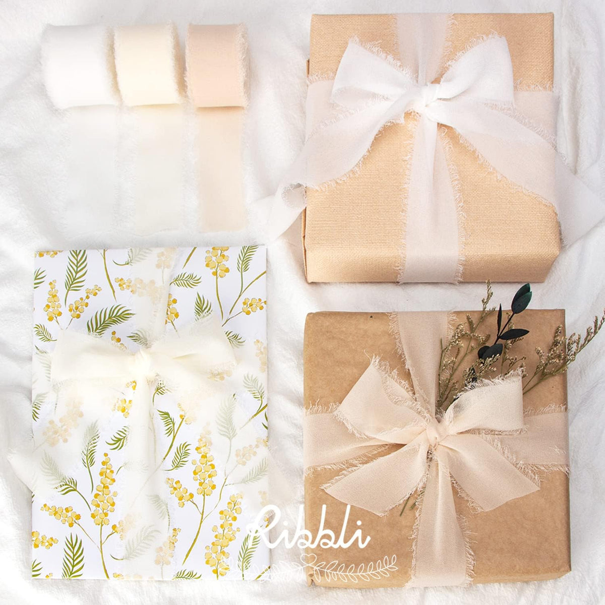 Ribbli Chiffon 1-1/2 inch x 20 Yard Handmade Fringe Cream Ivory Silk Ribbon for Wedding Invitations, Bridal Bouquets, Flower Arrangement Decoration