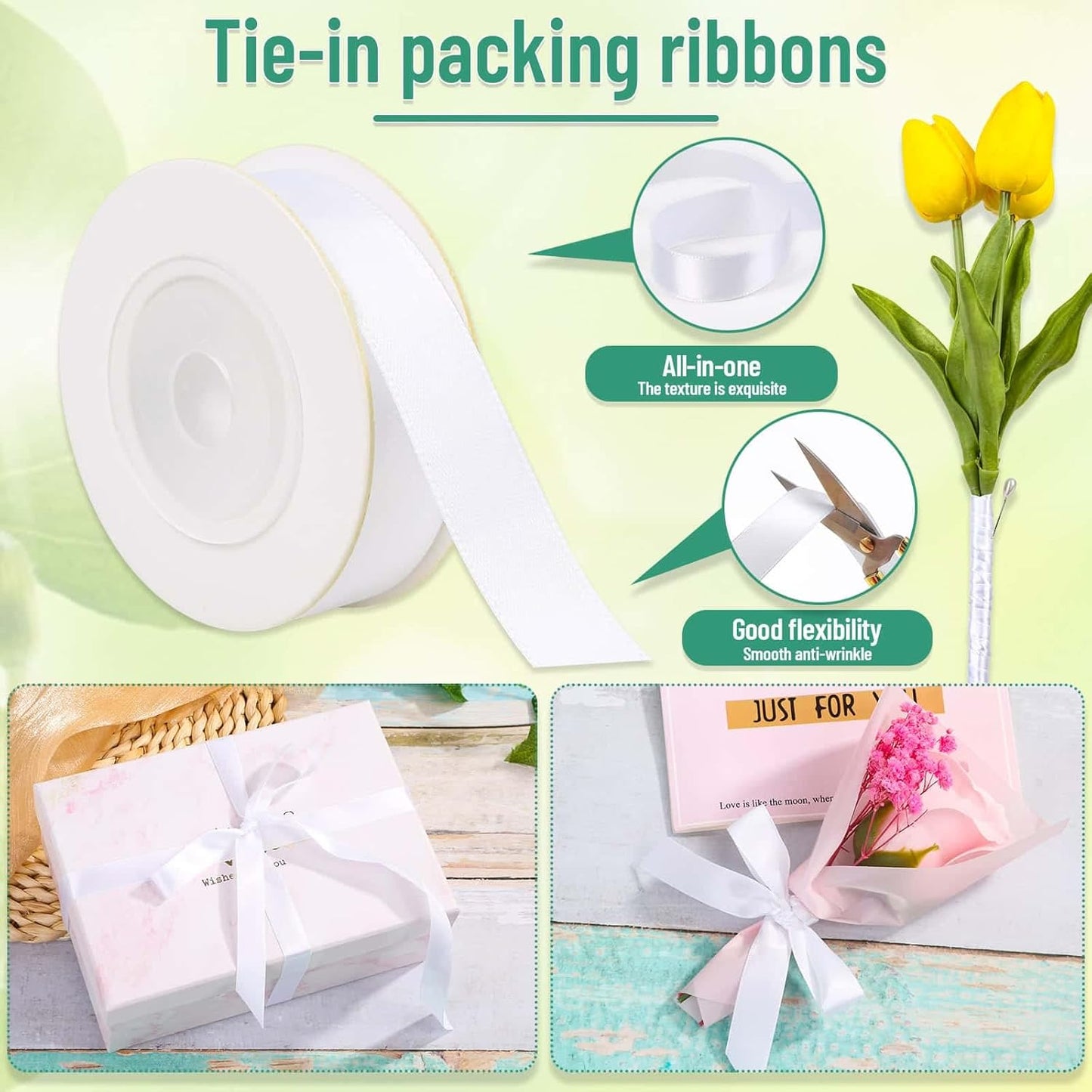 PAXCOO Floral Tape and Wire, Florist Tape and Flower Wire Arrangement Kit with White Ribbon, Boutonniere Pin, Wire Cutter for Bouquets, Crafts, Wreath Making (Dark Green)