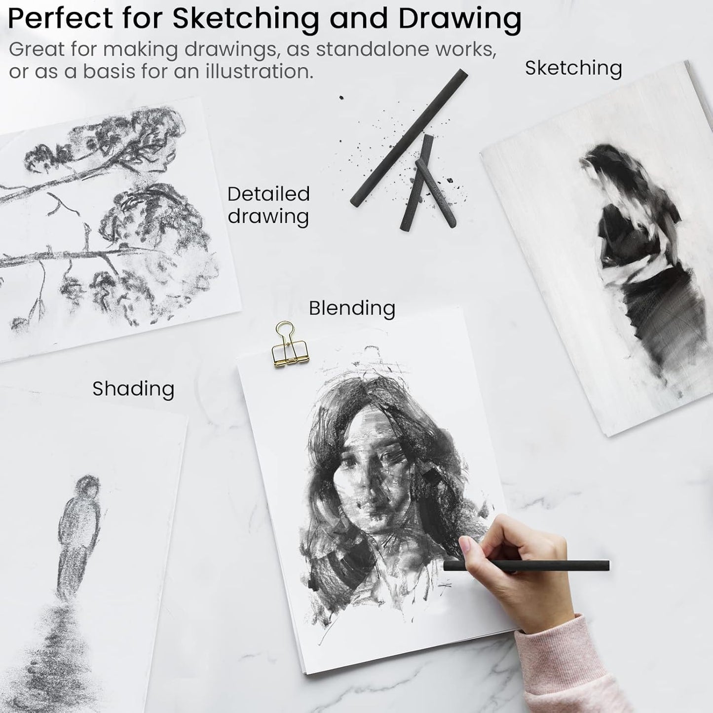 LOONENG Willow Charcoal Sticks, Natural Willow Charcoal for Artists, Beginners, or Students of All Skill Levels, Great for Sketching, Drawing, and Shading, Approx 2-4mm in Diameter, Pack of 25
