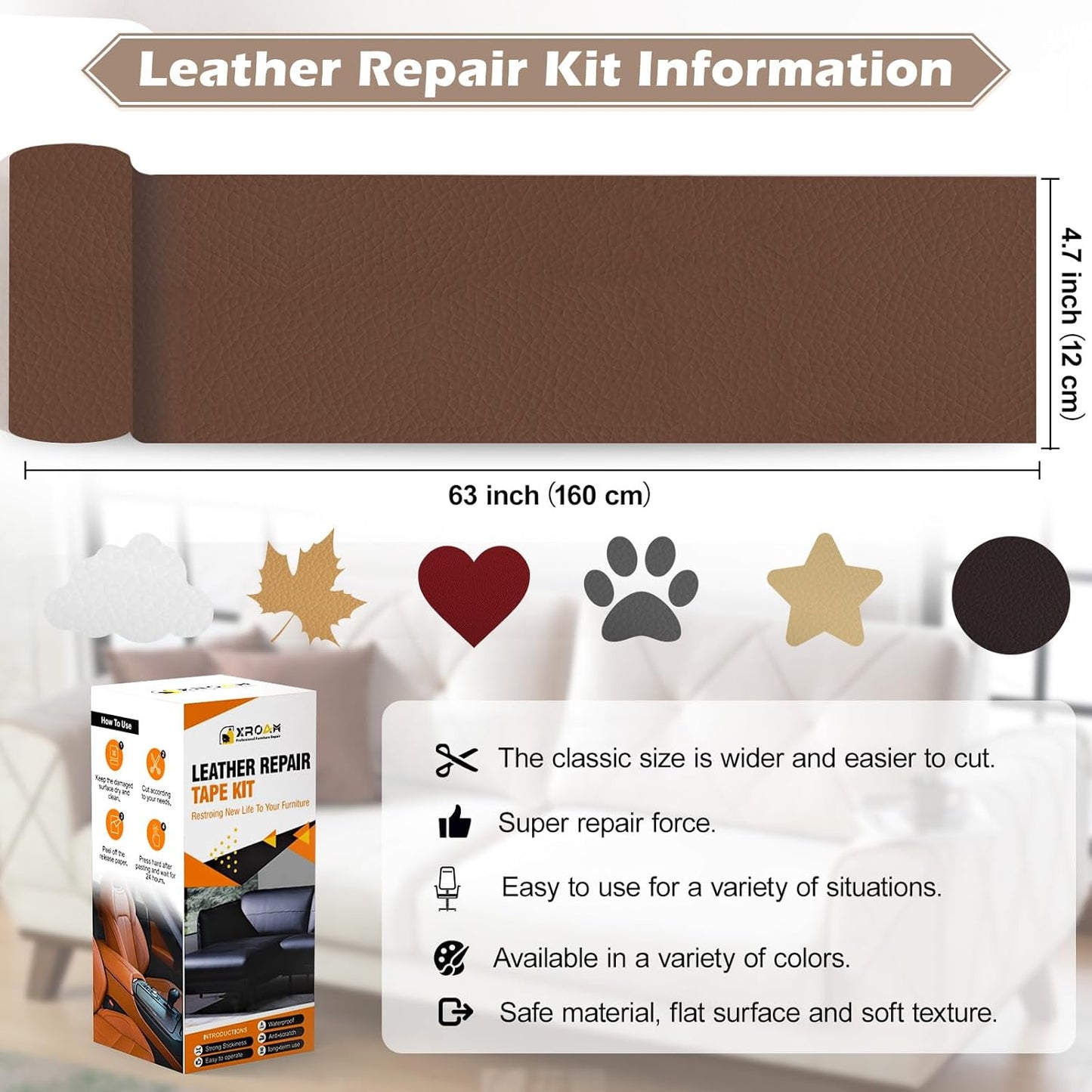 Leather Repair Tape, 4.7x63 inch Leather Patches for Furniture, Self Adhesive Leather Repair Patch for Sofas, Couches, Leather Covers, Seats, Chairs, Vinyl Repair Tape Navy Blue-Fine Grain