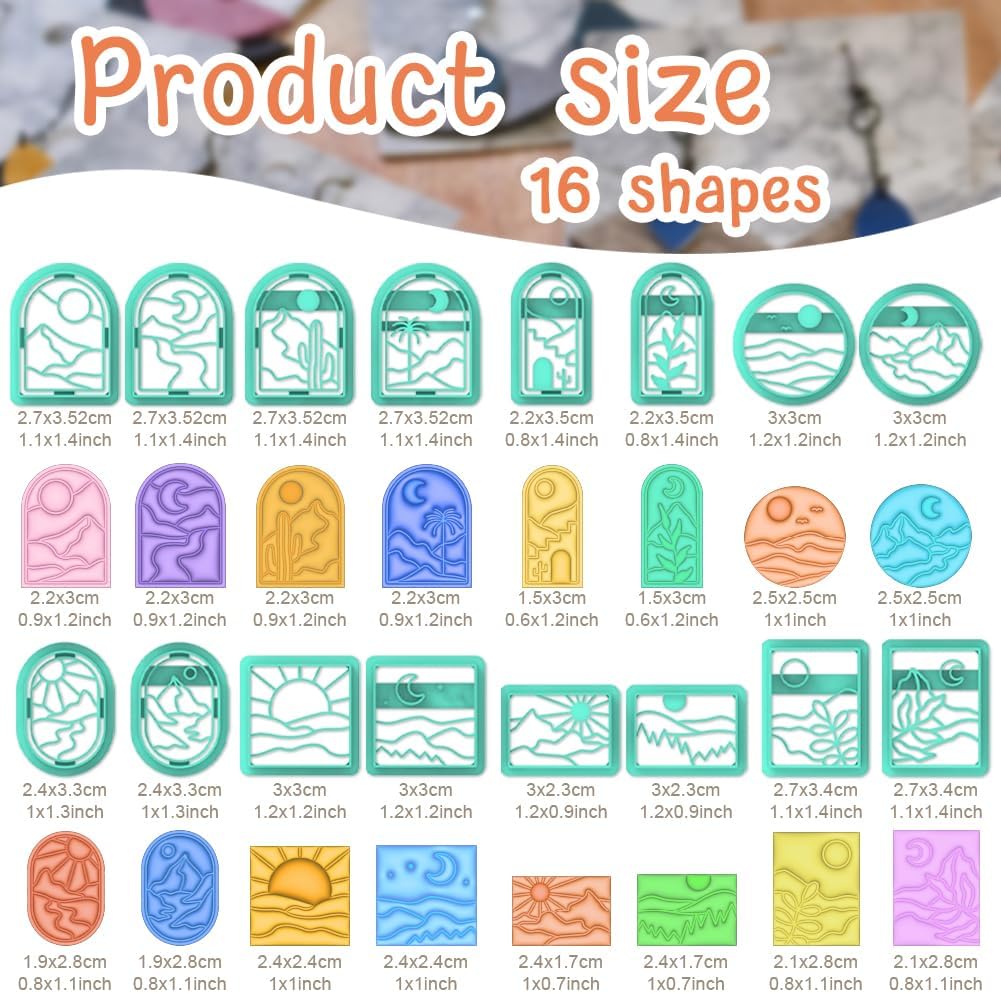 ACRNIGHEET Boho Clay Cutters - 16 Shapes Sun and Moon, Landscape Polymer Clay Cutters for Jewelry, Earring Making Kit With Storage Box