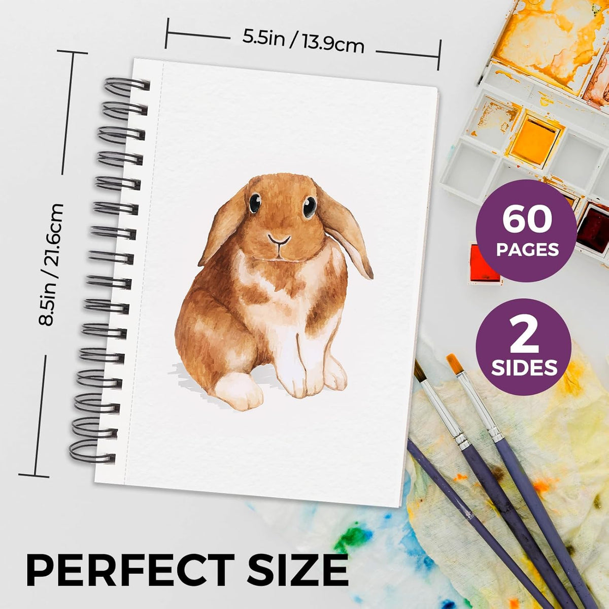 Funto Watercolor Pad 5.5x8.5, 30 Sheets, 140lb/300gsm, Double-Sided Cold Press, Spiral Bound, Heavyweight Paper for Watercolor Painting