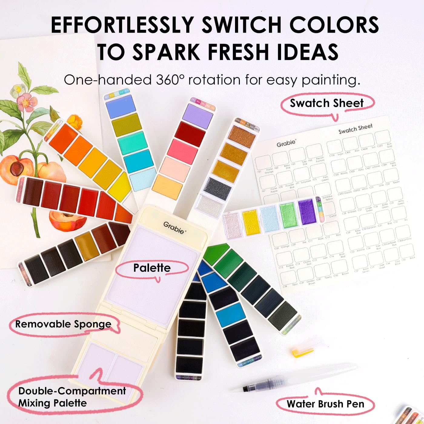 Grabie Watercolor Paint Set, 56 Colors Handheld Watercolor Set of Water Brush Pen, Palette and Removable Sponge, Portable Watercolor Paint for Artist Beginner and Professional