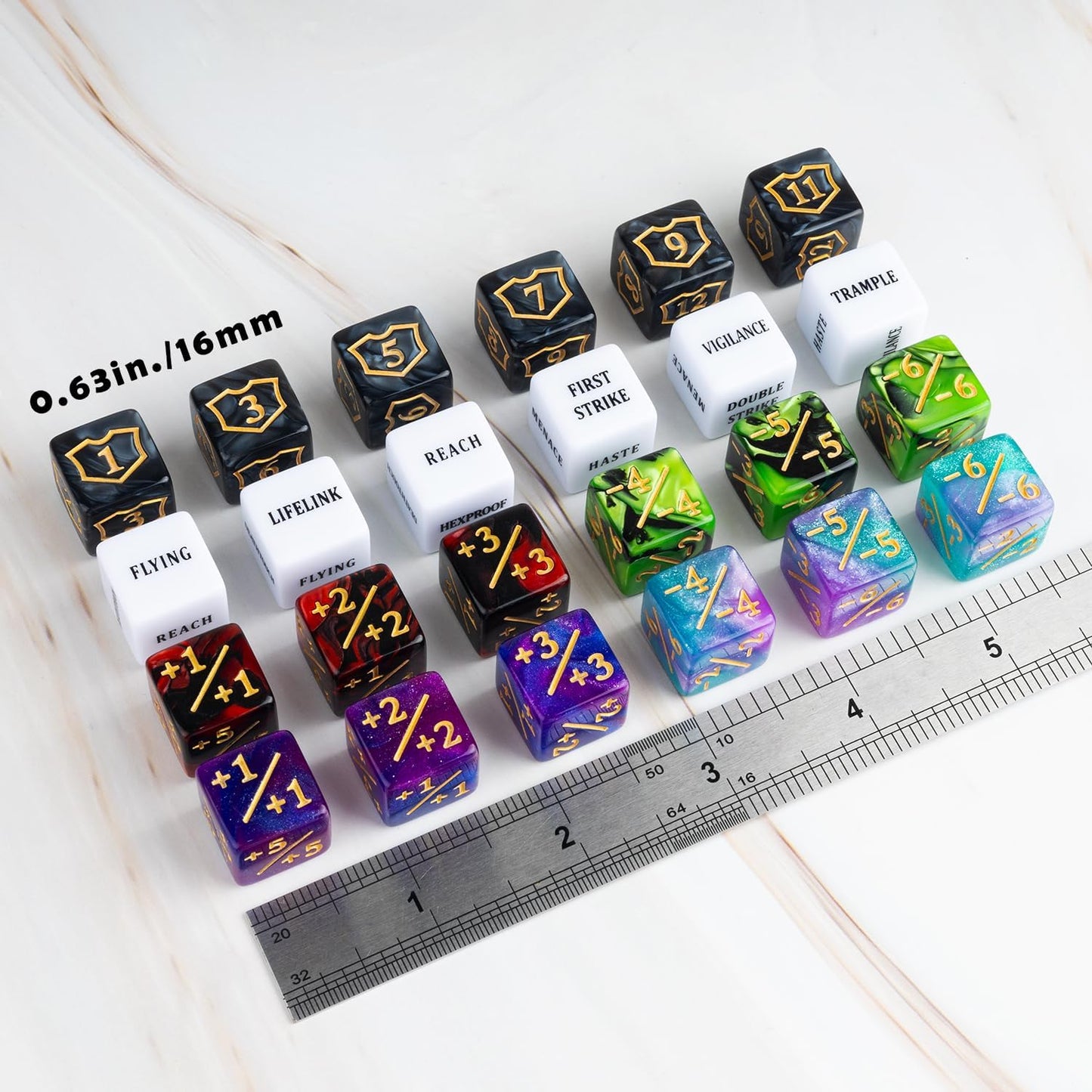 63 Pieces MTG Dice Counters Bulk Ability Keywords MTG Tokens Shield Life Counter 6 Sided Dice Set for Magic The Gathering,TCG,Cards Gaming Accessories