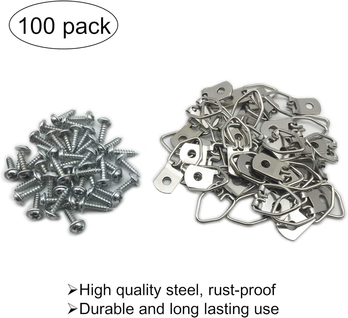 100 Pack Small D-Ring Steel Picture Hangers with Screws Picture Frames Picture Hang Solutions, for Hanging Clock Paintings Artwork Picture Frame Hook Photos