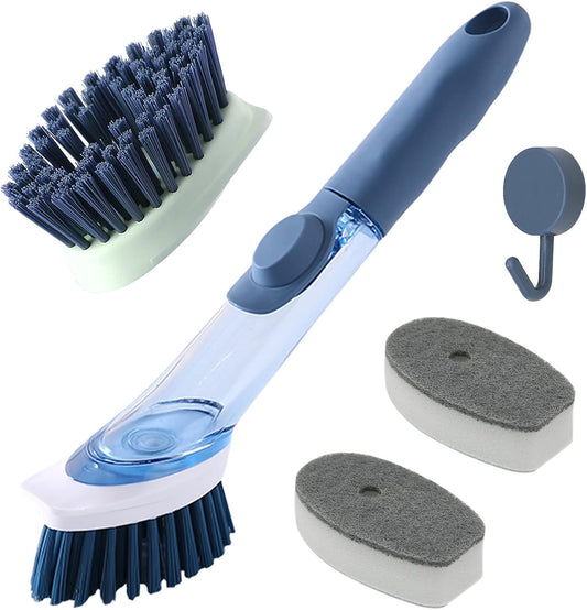 Soap Dispensing Dish Brush with 4 Replaceable Heads, Updated No Leaking Soap Dish Scrubber Soap Dispenser, Kitchen Dish Brush with Soap Dispenser for Pot Pan Sink Cleaning(Blue)