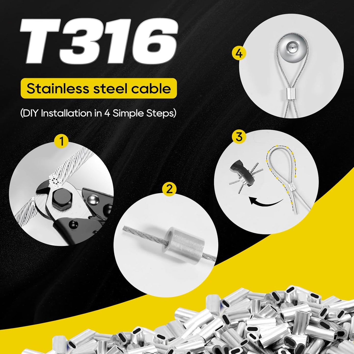 316 Stainless Steel Cable, 1000FT 1/32IN Wire Rope 7 * 7 Strand with 250Pcs Aluminum Sleeves Stops, Guide Wire for Outdoor String Lights for String Lights Hanging, Clotheslines, Trellis (1000FT)