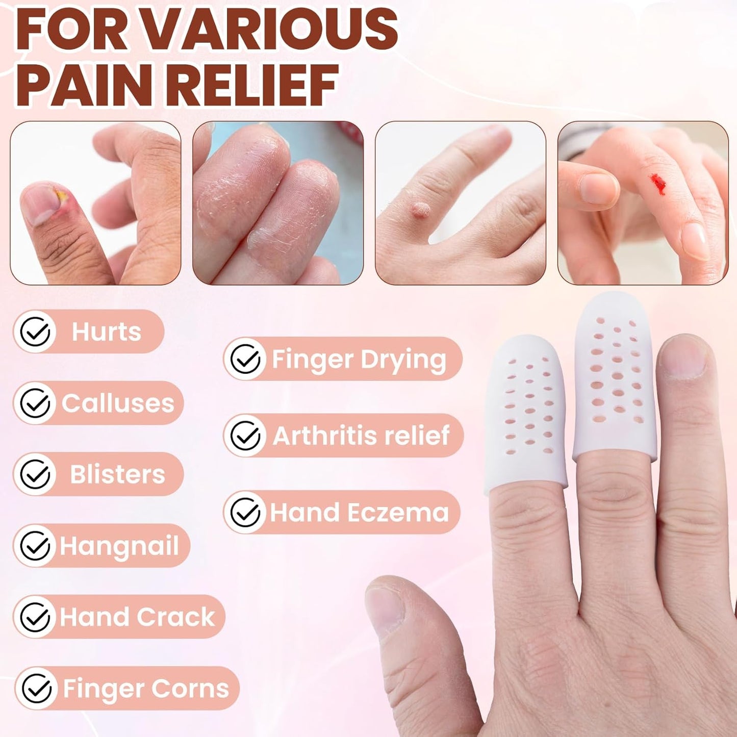 PAGOW 10pcs Gel Finger Cots/Covers, Silicone Finger Protector Support, Finger Caps Finger Sleeves Thumb Protector for Finger Cracking Trigger Finger Arthritis Pain Relief (White, 8 Small+2 Medium)