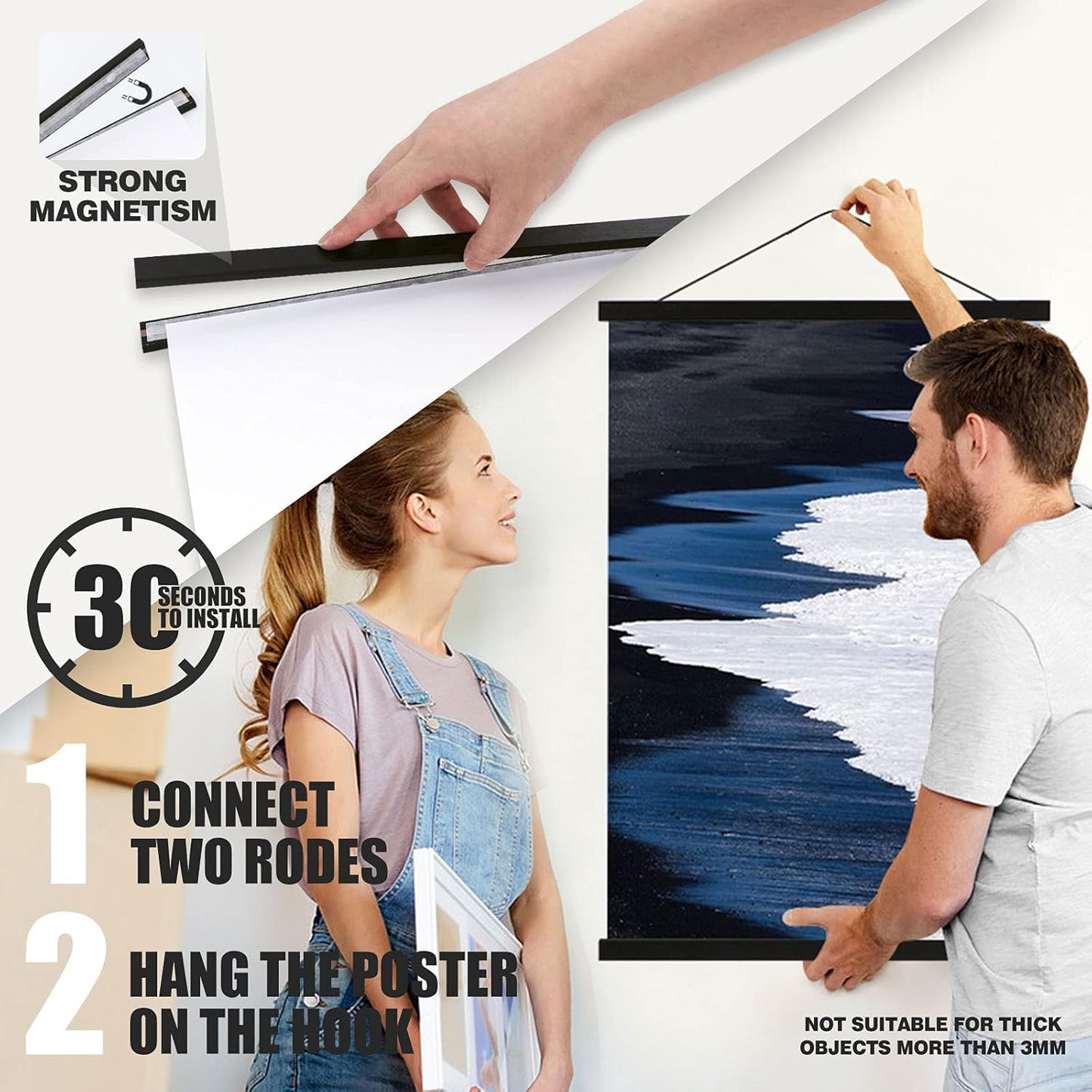 Ywlake Magnetic Poster Hanger, 36x48 36x24 36x12 Poster Frame Wood Wooden Magnet Print Posters Dowel Scroll Hanger Hangers Hanging Kit for Walls Map Canvas Artwork (Black, 36")