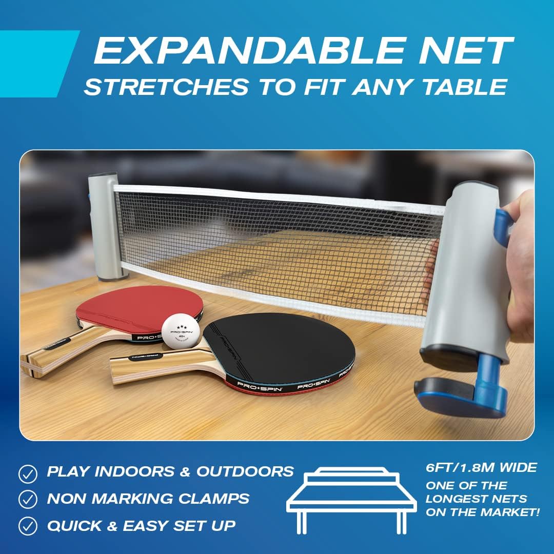 PRO SPIN All-in-One Ping Pong Set - Retractable Ping Pong Net for Any Table (72"), Ping Pong Paddles and Balls, Storage Case - Portable Table Tennis Family Games, Gifts for Boys & Girls