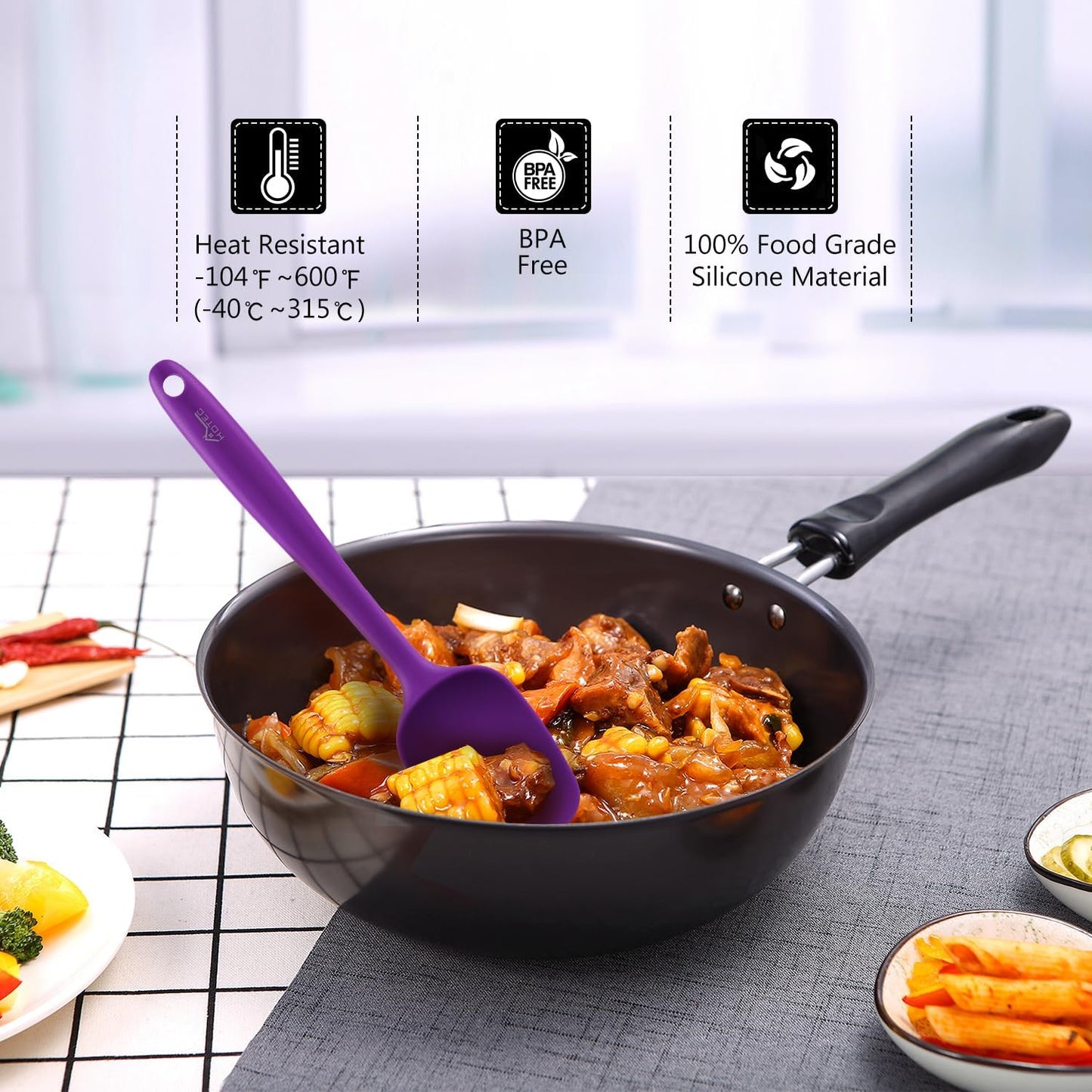 HOTEC 600℉ Heat Resistant BPA-Free Silicone Rubber Spatula Set for Baking, Cooking, and Mixing Non Stick Dishwasher Safe, Purple Set of 5