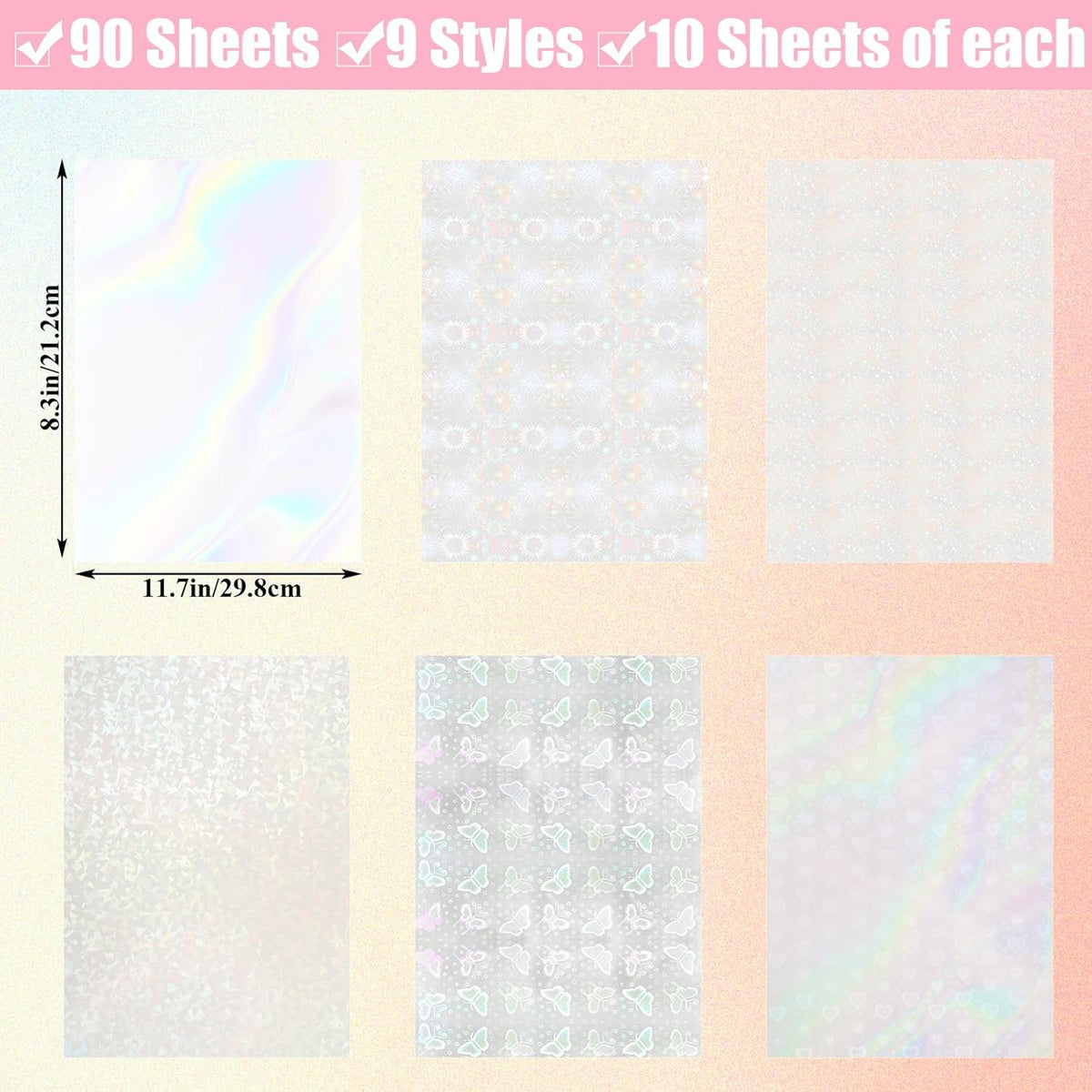STARVAST 90 Sheets Holographic Sticker Paper, Transparent Holographic Vinyl Laminate Sheets, Self Adhesive A4 Size Printable Holographic Paper with Gem Rainbow Spot Star Patterns