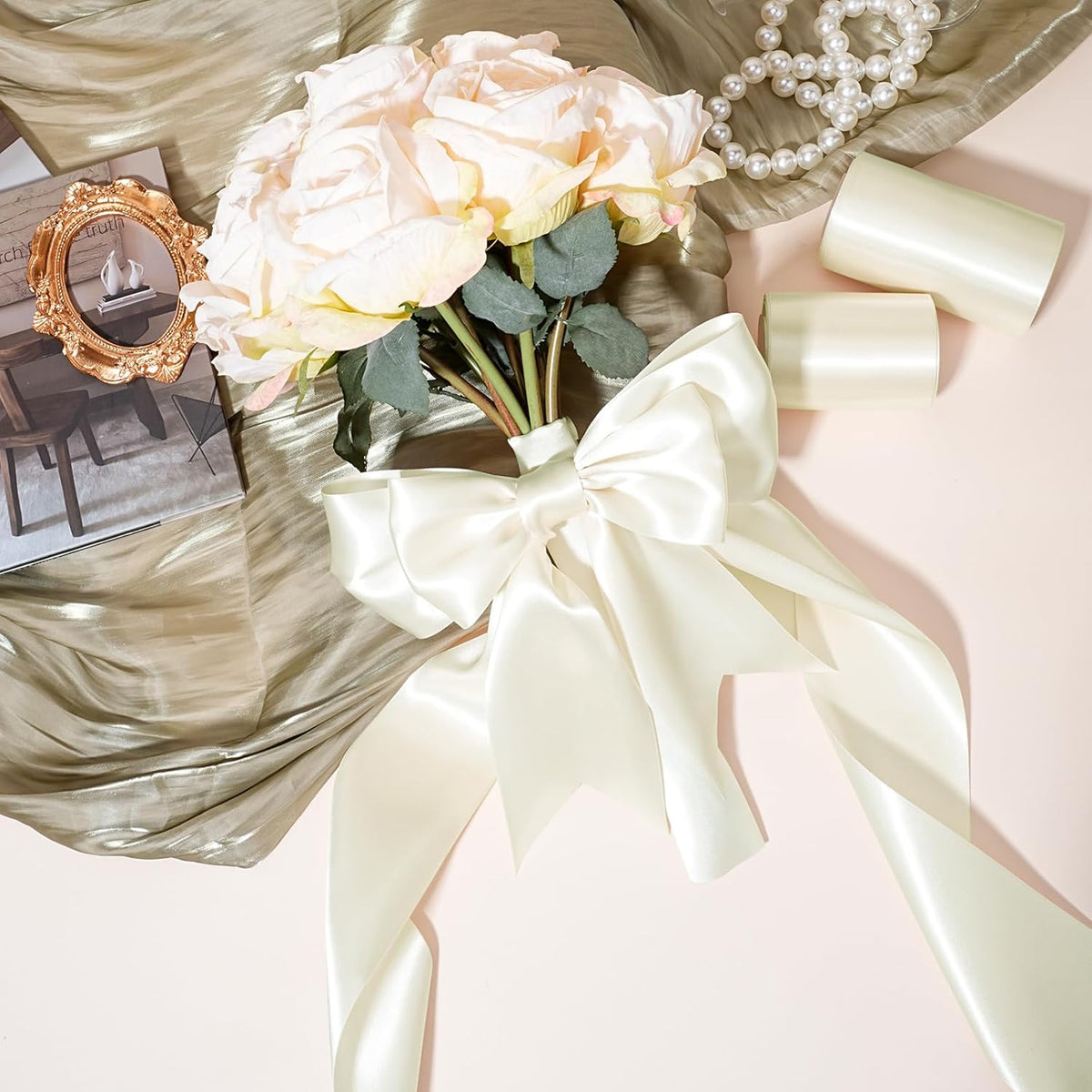 LaRibbons Ivory Satin Ribbon 3 Inch 10 Yards Double Faced Luxury White Cream Silk Ribbon for Gift Wrapping Flower Bouquets Bow Christmas Wedding Party Decoration