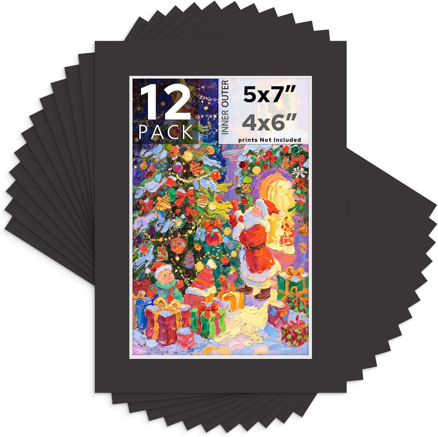 Mat Board Center, 5X7 Black Mats for 4X6 Pictures - Acid Free, 4-Ply Thickness, White Core, Bevel Cut - for Artworks, Photos, Framing - Pack of 12